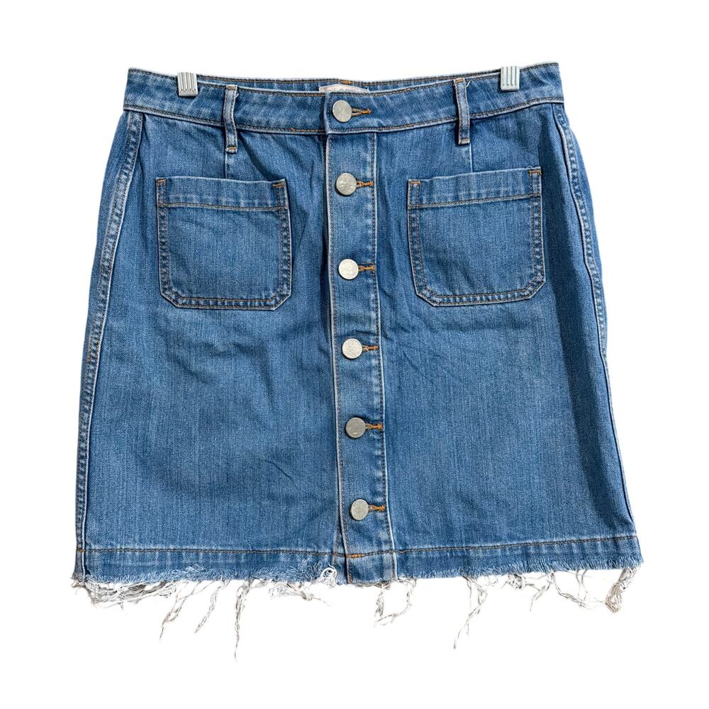 LOFT Outlet Womens Skirt Blue Denim Raw Hem Petite Button Fly 100% Cotton 6P